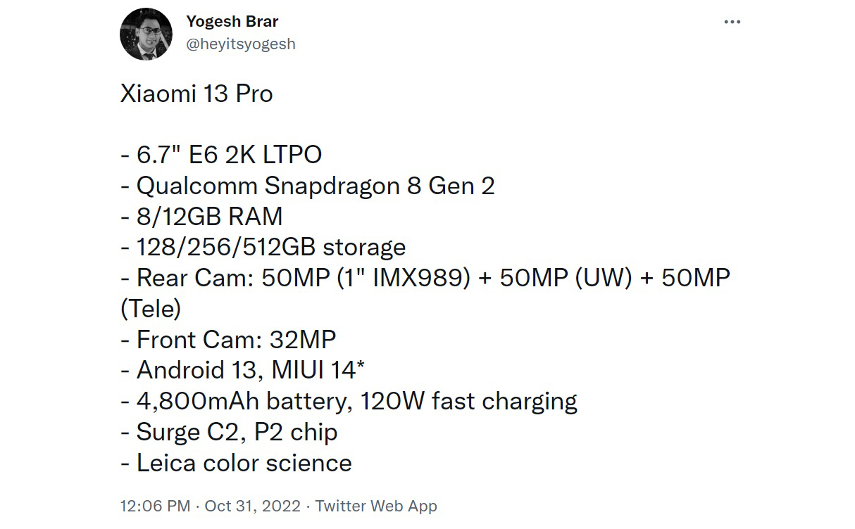 Xiaomi 13 pro lộ diện thông số kỹ thuật