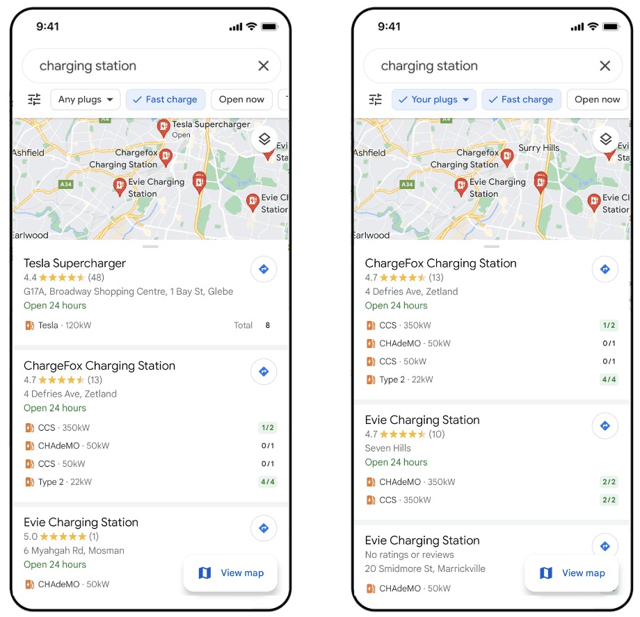 tính năng tìm kiếm trạm sạc mới trên Google Maps
