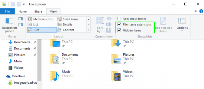 File name extensions va Hidden items
