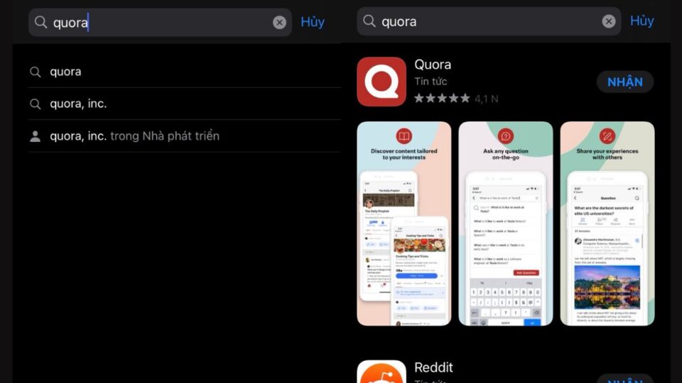 Tìm kiếm Quora trên App Store