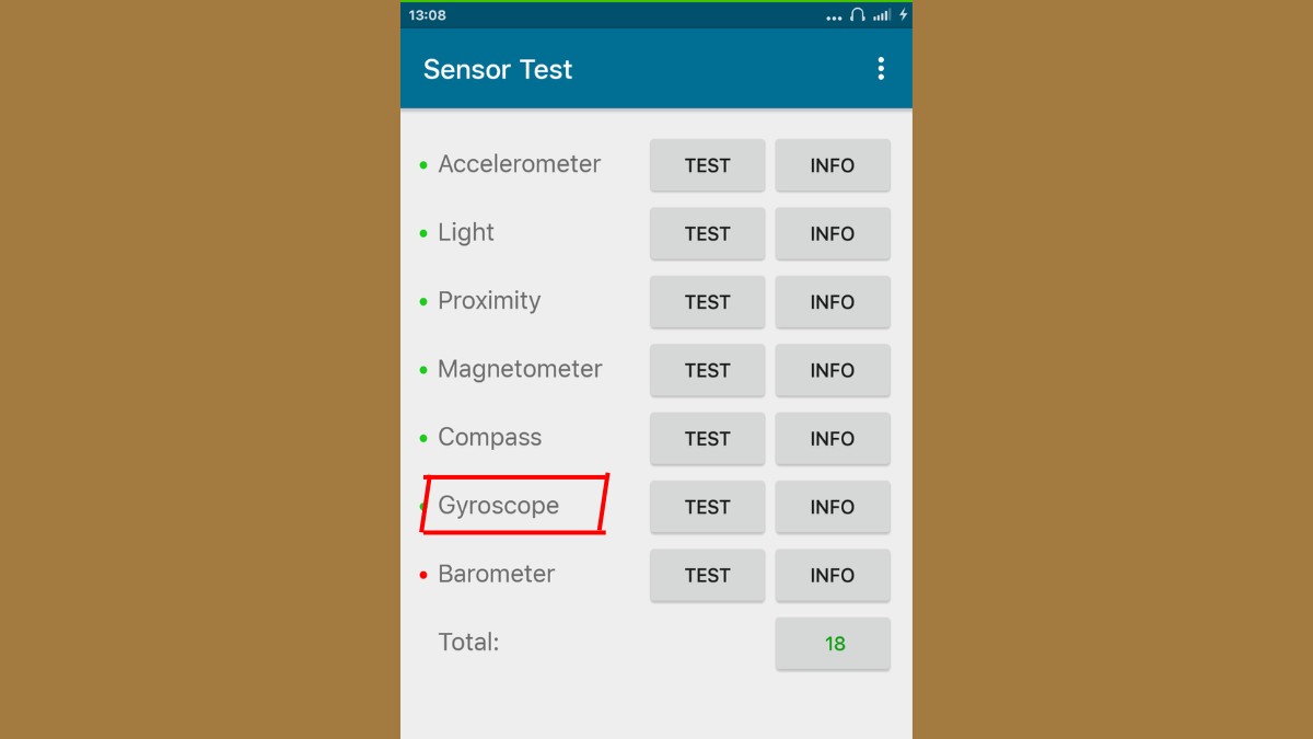 Ứng dụng Sensor Test để kiểm tra thiết bị có được trang bị con quay hồi chuyển hay không