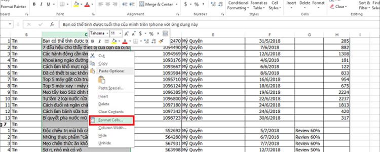 Chọn Format Cell
