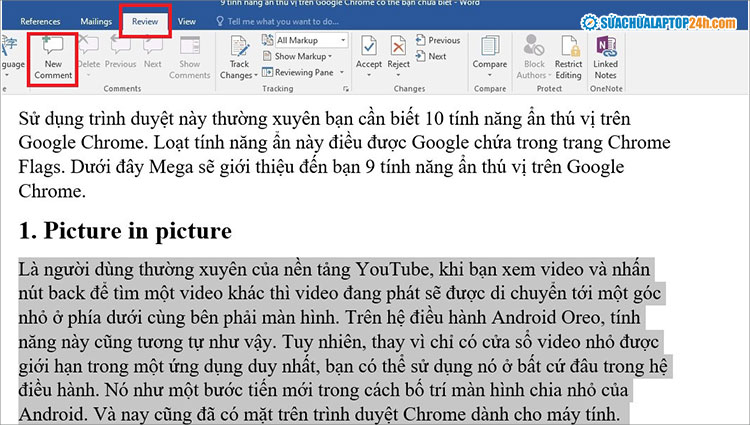 Chọn New Comment để tạo thêm ghi chú trong Word
