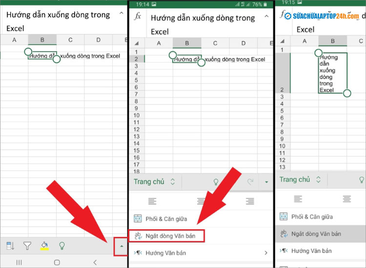 Chọn như hình để xuống dòng trong ô Excel trên điện thoại