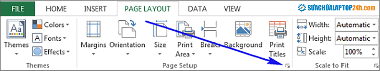 Click vào mũi tên trong Page Setup