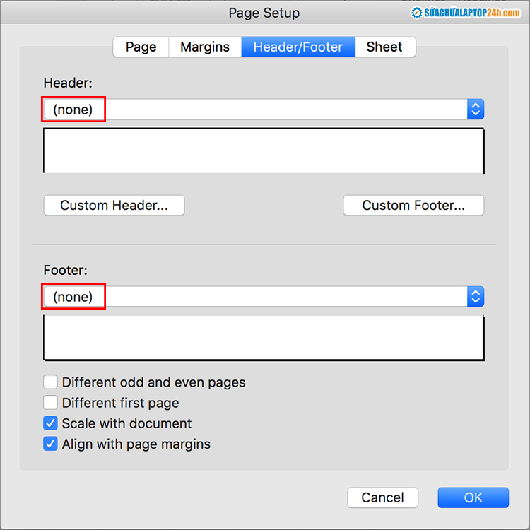 Trong hộp Header hoặc Footer bên dưới chọn (None)