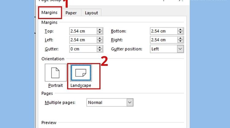 Truy cập Margins và chọn Landscape