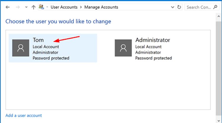 Chọn tài khoản người dùng mà bạn muốn thay đổi mật khẩu