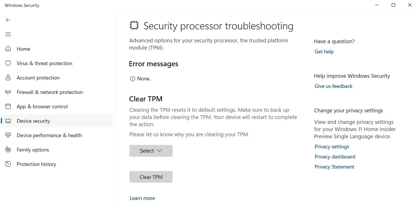 Nút Clear TPM trong Windows Security