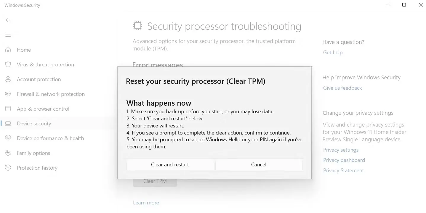 Clear and restart trong Windows Security