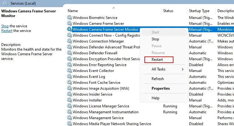Service Windows Camera Frame Server Monitor