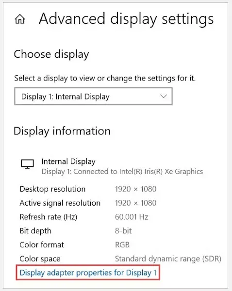 Tùy chọn Display adapter properties for Display 1 trong Advanced display settings