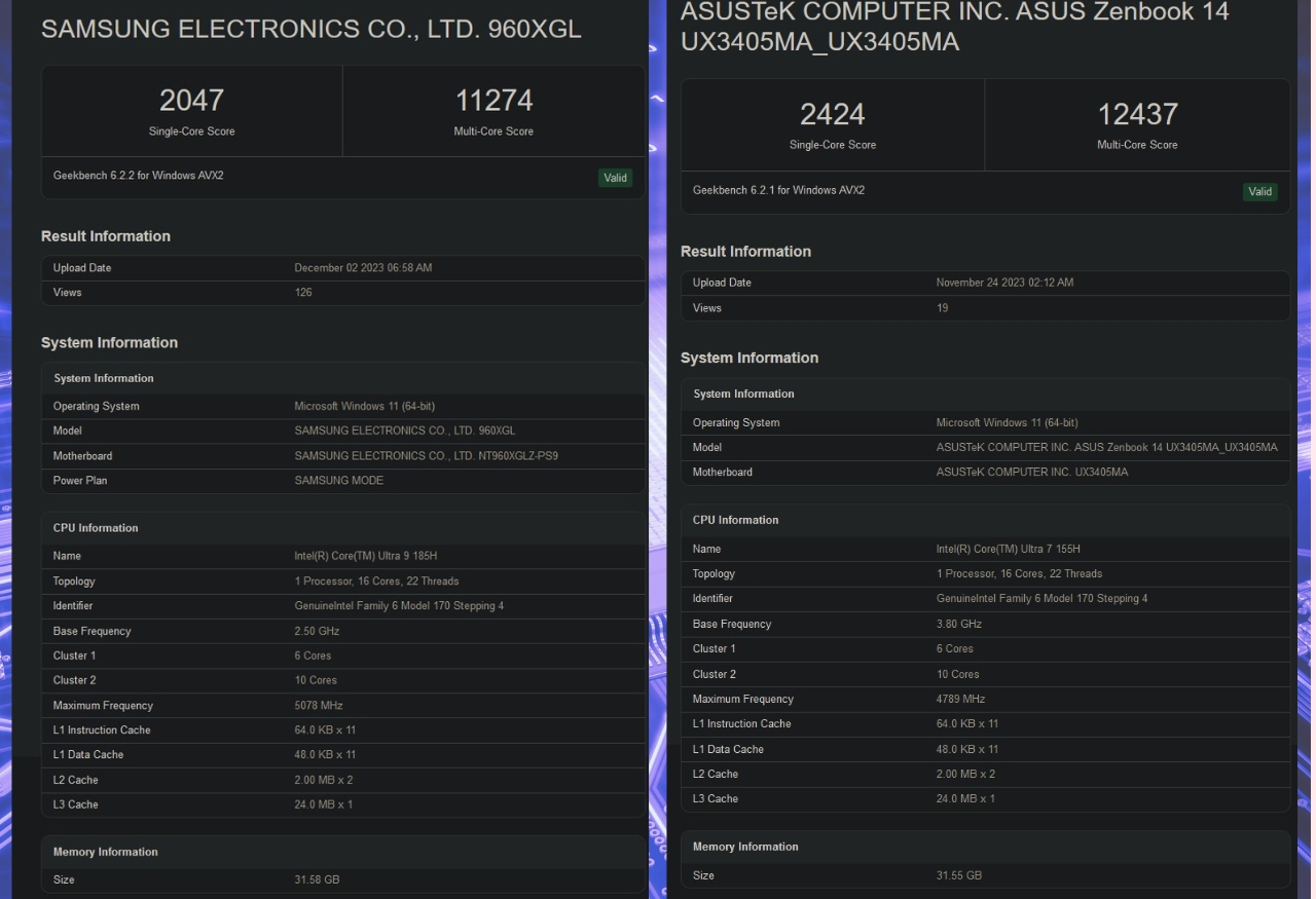 Điểm Intel Core Ultra 9 185H và Core Ultra 7 155H trên Geekbench