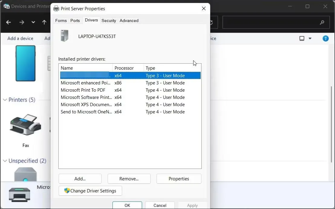 Hộp thoại Print Server Properties trong Windows 11